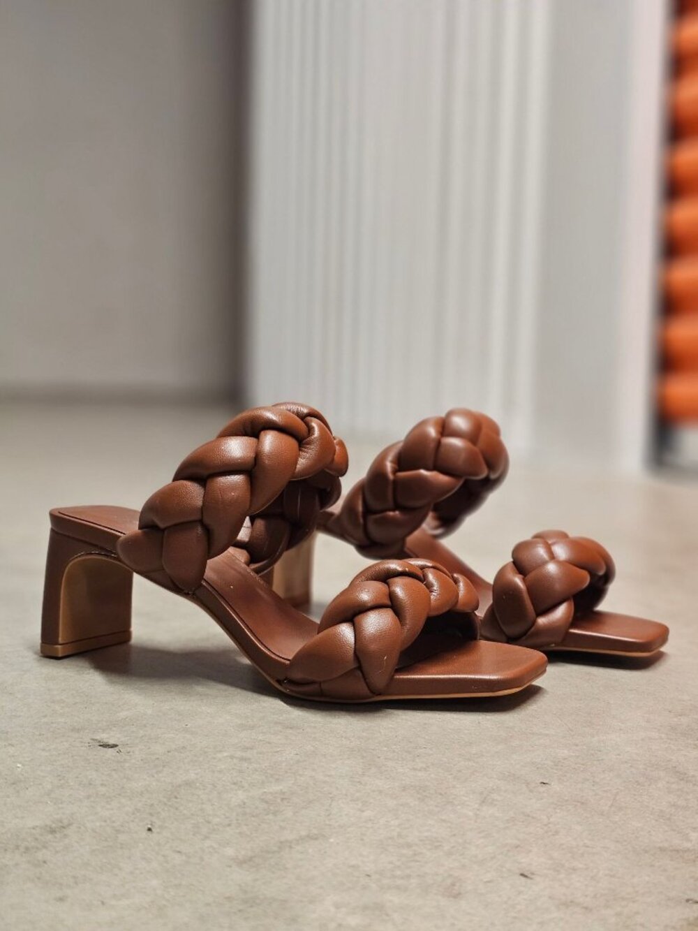 Braided Brown Block Heel Sandals With Square Toe Womens Stylish Open-Toe Slip-On - Picture 6 of 12